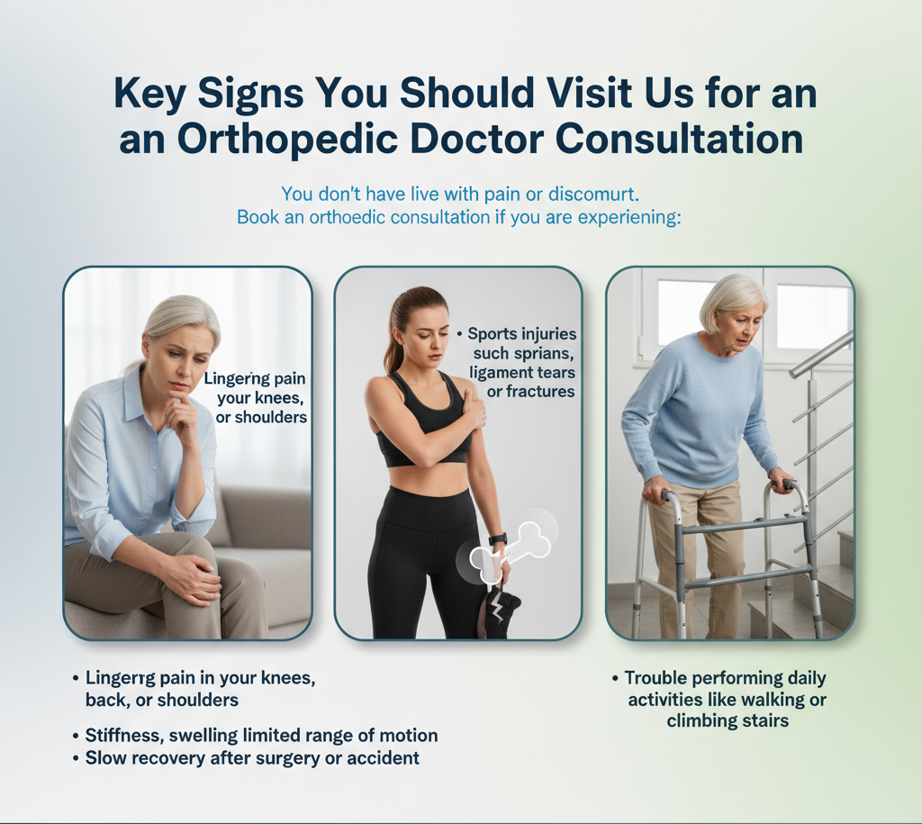 Key Signs You Should Visit Us for an Orthopedic Doctor Consultation You don’t have to live with pain or discomfort. Book an orthopedic consultation if you are experiencing: Lingering pain in your knees, hips, back, or shoulders Stiffness, swelling, or limited range of motion Sports injuries such as sprains, ligament tears, or fractures Trouble performing daily activities like walking or climbing stairs Slow recovery after surgery or an accident If you’ve been searching for an orthopedic doctor near me in Sharjah, our clinic is here to provide the right care at the right time.